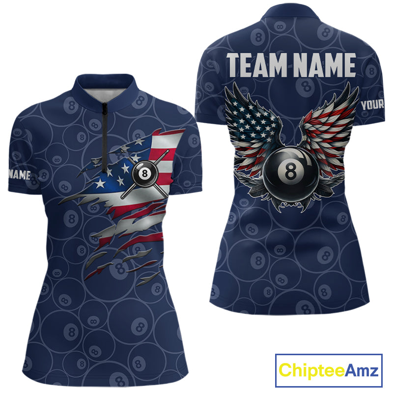Navy Blue Grunge 8 Ball Wings American Flag Billiard Shirts For Women Custom Patriotic Pool Jersey TDM7833