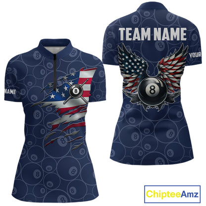Navy Blue Grunge 8 Ball Wings American Flag Billiard Shirts For Women Custom Patriotic Pool Jersey TDM7833