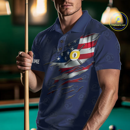 Navy Blue Grunge American Flag Billiard Shirts For Men Custom Patriotic 9 Ball Pool Team Jersey TDM7834