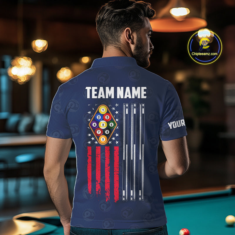 Navy Blue Grunge American Flag Billiard Shirts For Men Custom Patriotic 9 Ball Pool Team Jersey TDM7834