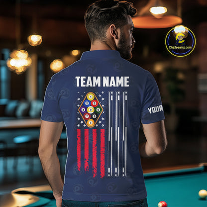 Navy Blue Grunge American Flag Billiard Shirts For Men Custom Patriotic 9 Ball Pool Team Jersey TDM7834