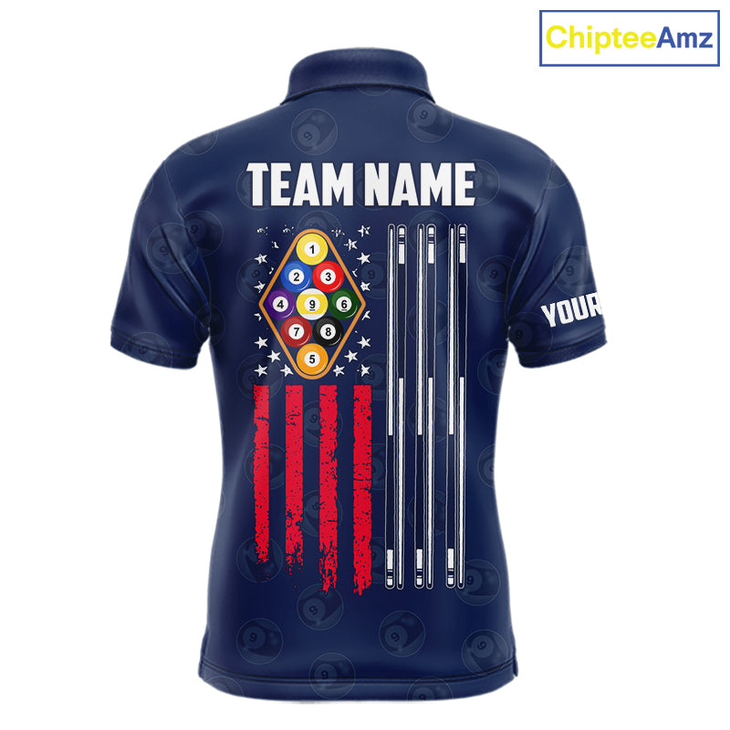 Navy Blue Grunge American Flag Billiard Shirts For Men Custom Patriotic 9 Ball Pool Team Jersey TDM7834