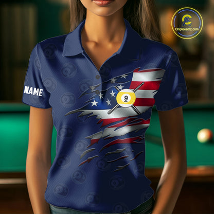 Navy Blue Grunge American Flag Billiard Shirts For Women Custom Patriotic 9 Ball Pool Team Jersey TDM7834