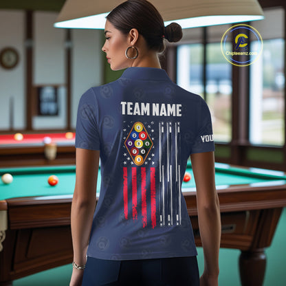 Navy Blue Grunge American Flag Billiard Shirts For Women Custom Patriotic 9 Ball Pool Team Jersey TDM7834