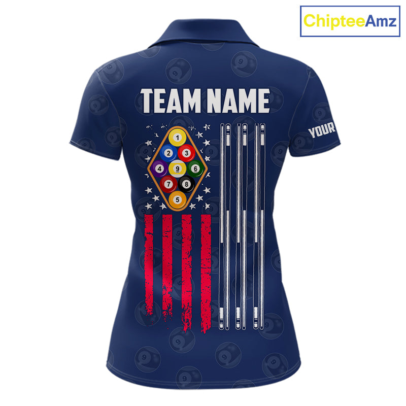 Navy Blue Grunge American Flag Billiard Shirts For Women Custom Patriotic 9 Ball Pool Team Jersey TDM7834