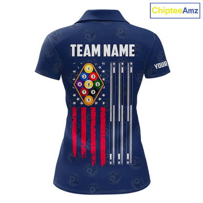 Navy Blue Grunge American Flag Billiard Shirts For Women Custom Patriotic 9 Ball Pool Team Jersey TDM7834