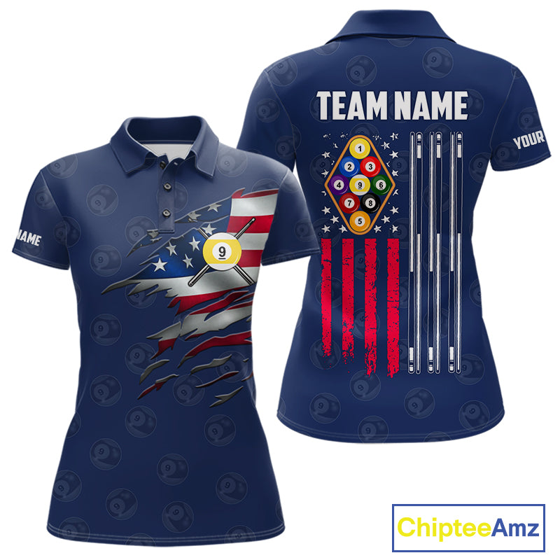 Navy Blue Grunge American Flag Billiard Shirts For Women Custom Patriotic 9 Ball Pool Team Jersey TDM7834