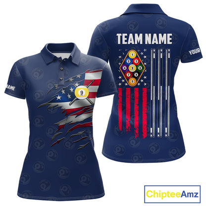 Navy Blue Grunge American Flag Billiard Shirts For Women Custom Patriotic 9 Ball Pool Team Jersey TDM7834