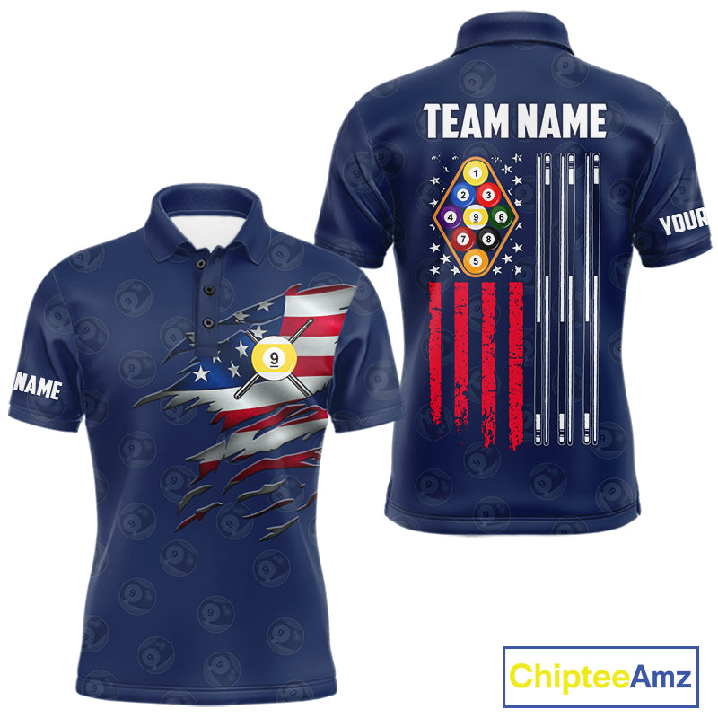 Navy Blue Grunge American Flag Billiard Shirts For Men Custom Patriotic 9 Ball Pool Team Jersey TDM7834