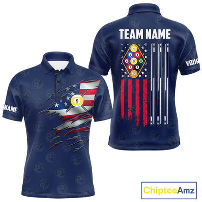 Navy Blue Grunge American Flag Billiard Shirts For Men Custom Patriotic 9 Ball Pool Team Jersey TDM7834