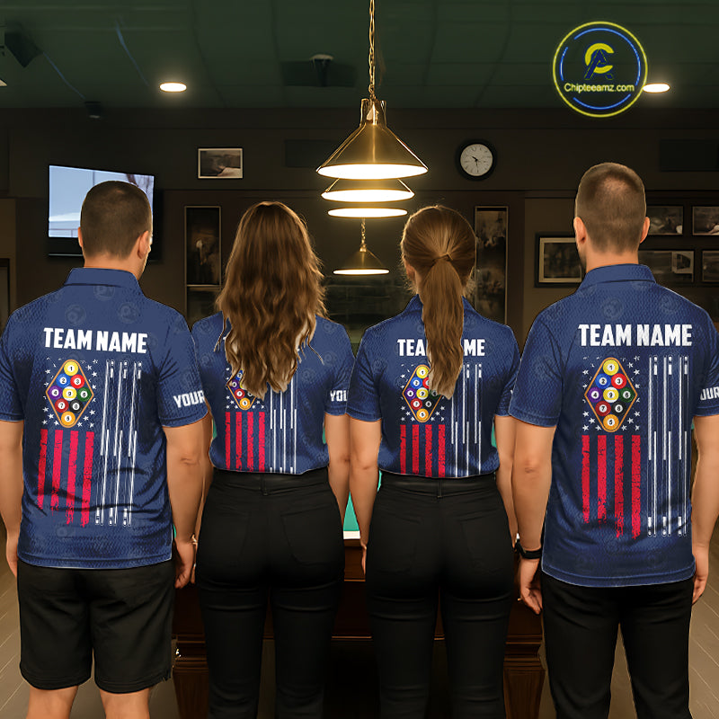 Navy Blue Grunge American Flag Billiard Shirts For Men Custom Patriotic 9 Ball Pool Team Jersey TDM7834