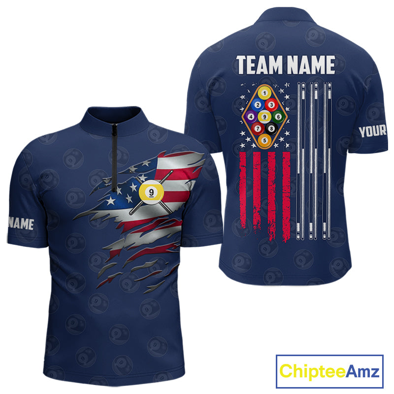 Navy Blue Grunge American Flag Billiard Shirts For Men Custom Patriotic 9 Ball Pool Team Jersey TDM7834
