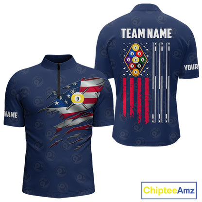 Navy Blue Grunge American Flag Billiard Shirts For Men Custom Patriotic 9 Ball Pool Team Jersey TDM7834