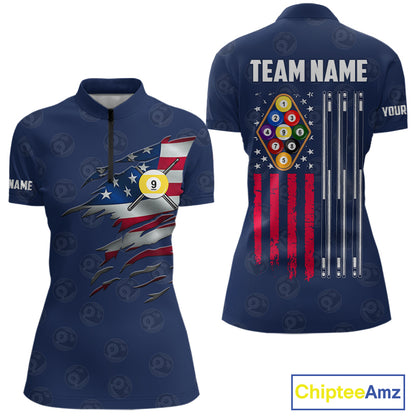 Navy Blue Grunge American Flag Billiard Shirts For Women Custom Patriotic 9 Ball Pool Team Jersey TDM7834