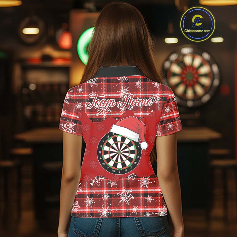 Funny Santa Dartboard Womens Darts Shirt Custom Red Plaid Snowflake Christmas Darts Jerseys Gifts TDM5182