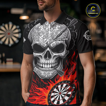 Black And Red Flaming Skull Darts Shirt For Men Custom Darts League Jersey Team Polo & 1/4 Zip TDM5435