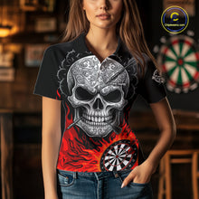 Load image into Gallery viewer, Black And Red Flaming Skull Darts Shirt For Women Custom Darts League Jersey Team Polo &amp; 1/4 Zip TDM5435