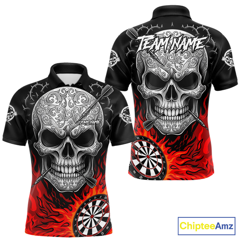 Black And Red Flaming Skull Darts Shirt For Men Custom Darts League Jersey Team Polo & 1/4 Zip TDM5435