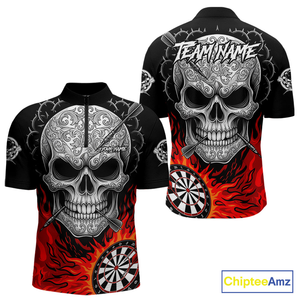 Black And Red Flaming Skull Darts Shirt For Men Custom Darts League Jersey Team Polo & 1/4 Zip TDM5435