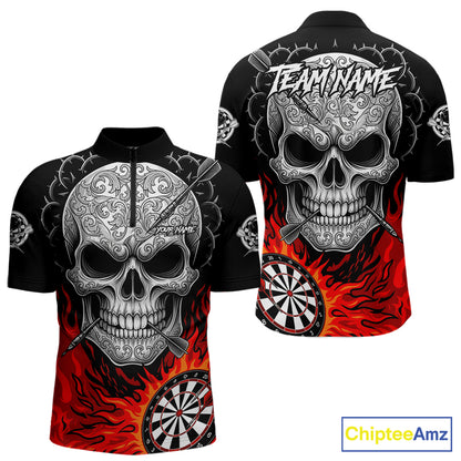 Black And Red Flaming Skull Darts Shirt For Men Custom Darts League Jersey Team Polo & 1/4 Zip TDM5435