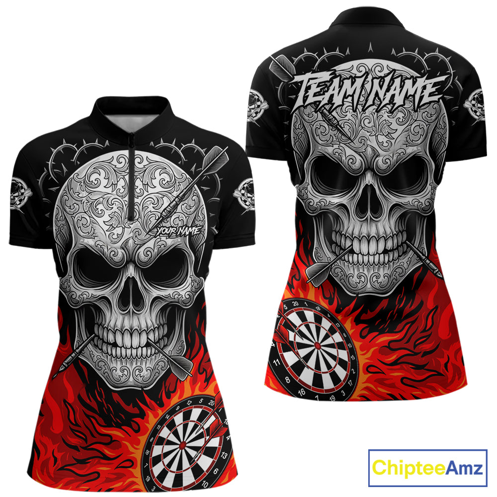 Black And Red Flaming Skull Darts Shirt For Women Custom Darts League Jersey Team Polo & 1/4 Zip TDM5435