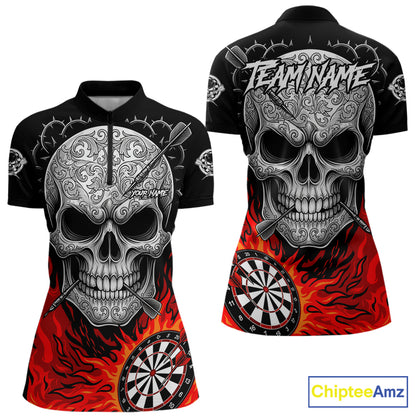 Black And Red Flaming Skull Darts Shirt For Women Custom Darts League Jersey Team Polo & 1/4 Zip TDM5435