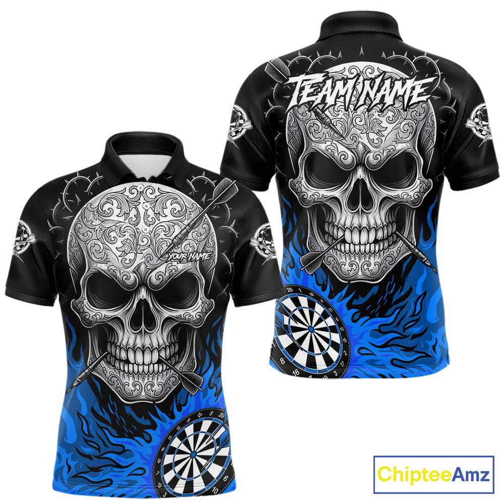 Black And Blue Flaming Skull Darts Shirt For Men Custom Darts League Jersey Team Polo & 1/4 Zip TDM5436