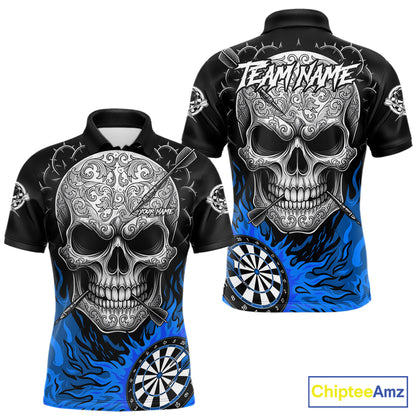 Black And Blue Flaming Skull Darts Shirt For Men Custom Darts League Jersey Team Polo & 1/4 Zip TDM5436