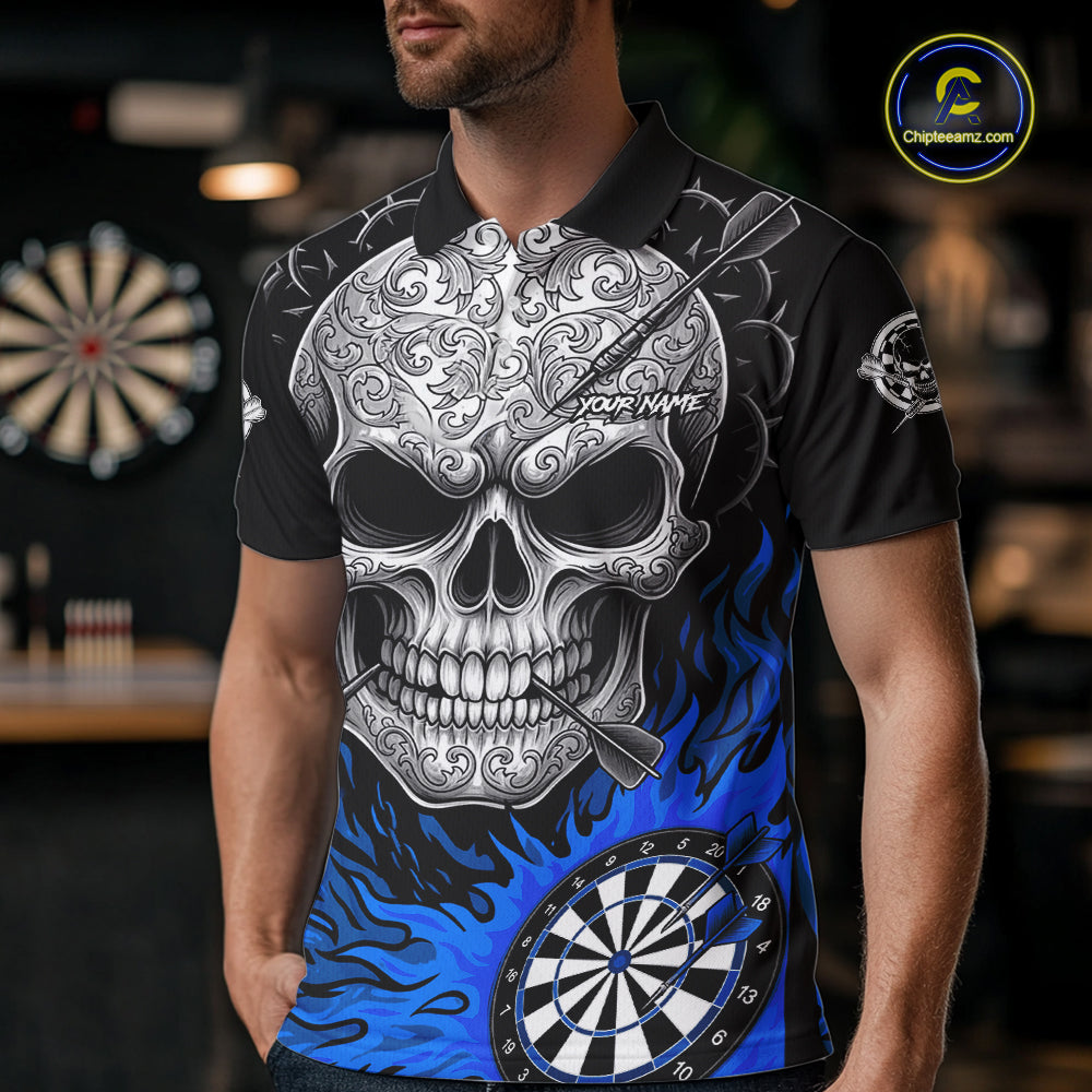 Black And Blue Flaming Skull Darts Shirt For Men Custom Darts League Jersey Team Polo & 1/4 Zip TDM5436