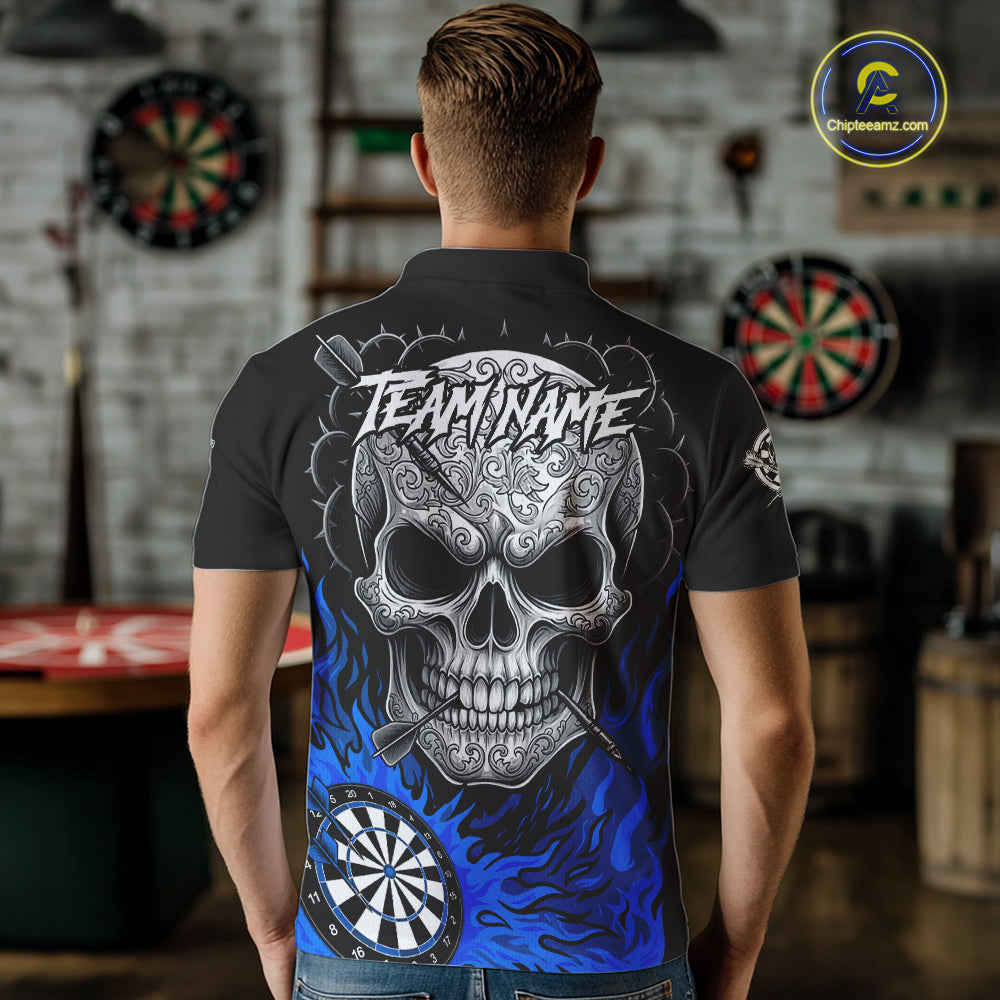 Black And Blue Flaming Skull Darts Shirt For Men Custom Darts League Jersey Team Polo & 1/4 Zip TDM5436