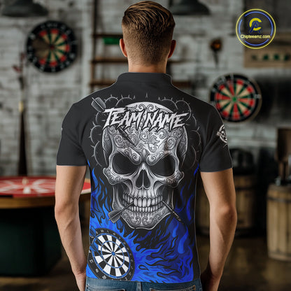 Black And Blue Flaming Skull Darts Shirt For Men Custom Darts League Jersey Team Polo & 1/4 Zip TDM5436