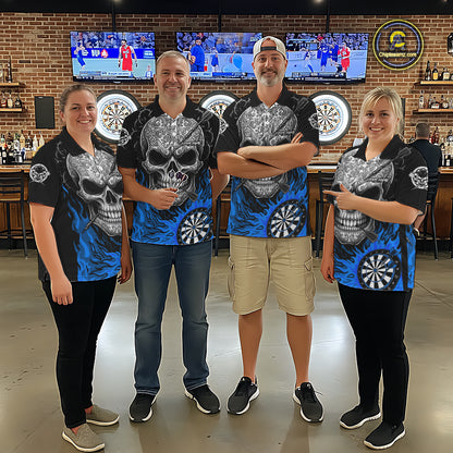 Black And Blue Flaming Skull Darts Shirt For Women Custom Darts League Jersey Team Polo & 1/4 Zip TDM5436