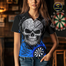 Load image into Gallery viewer, Black And Blue Flaming Skull Darts Shirt For Women Custom Darts League Jersey Team Polo &amp; 1/4 Zip TDM5436