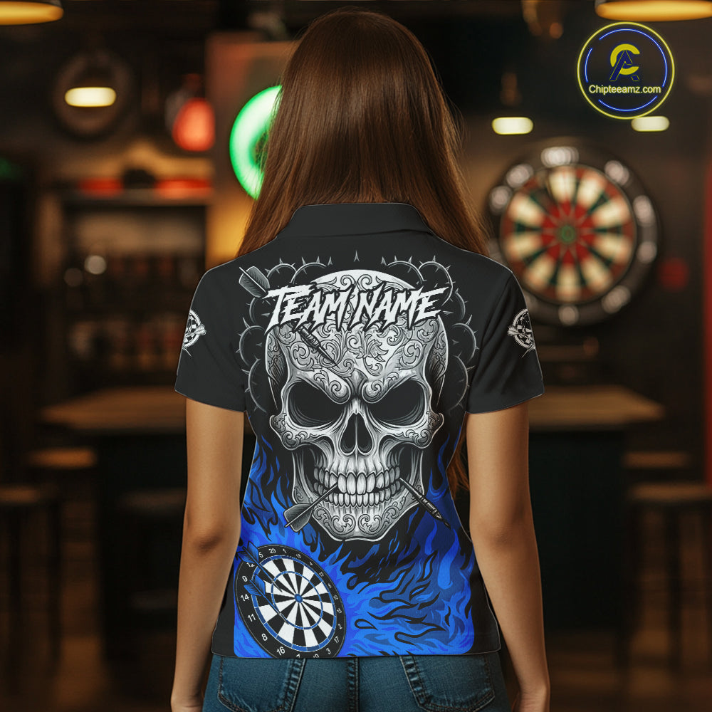 Black And Blue Flaming Skull Darts Shirt For Women Custom Darts League Jersey Team Polo & 1/4 Zip TDM5436