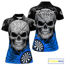 Load image into Gallery viewer, Black And Blue Flaming Skull Darts Shirt For Women Custom Darts League Jersey Team Polo &amp; 1/4 Zip TDM5436