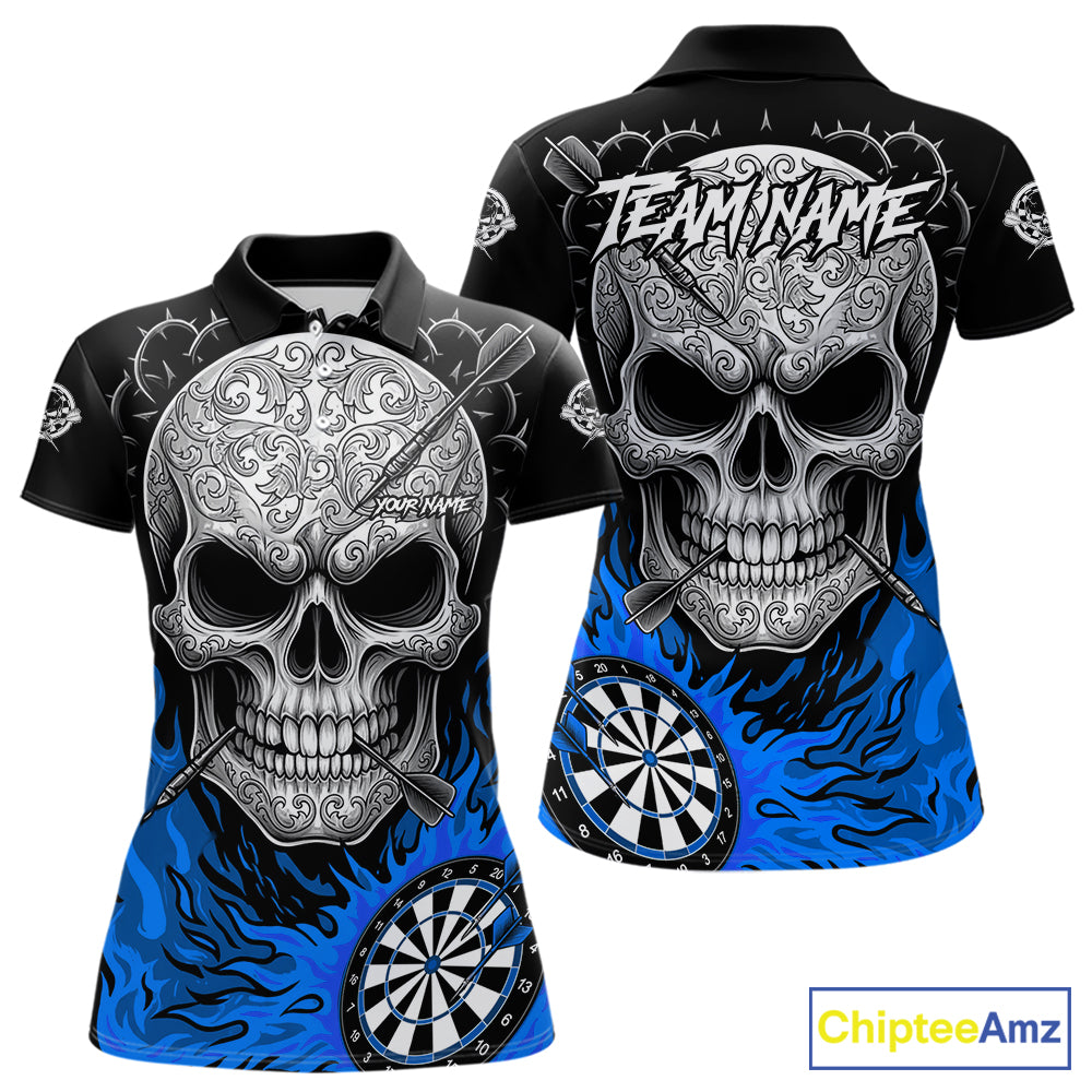 Black And Blue Flaming Skull Darts Shirt For Women Custom Darts League Jersey Team Polo & 1/4 Zip TDM5436
