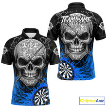 Load image into Gallery viewer, Black And Blue Flaming Skull Darts Shirt For Men Custom Darts League Jersey Team Polo &amp; 1/4 Zip TDM5436
