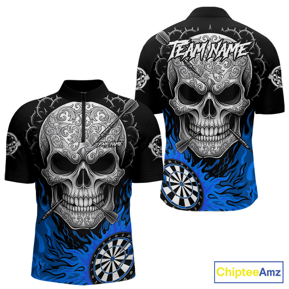 Black And Blue Flaming Skull Darts Shirt For Men Custom Darts League Jersey Team Polo & 1/4 Zip TDM5436