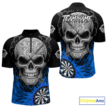 Black And Blue Flaming Skull Darts Shirt For Men Custom Darts League Jersey Team Polo & 1/4 Zip TDM5436