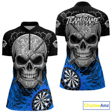 Load image into Gallery viewer, Black And Blue Flaming Skull Darts Shirt For Women Custom Darts League Jersey Team Polo &amp; 1/4 Zip TDM5436