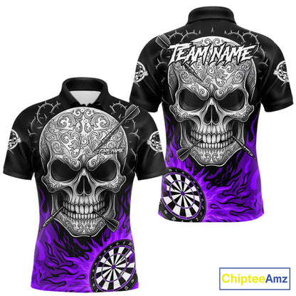 Black And Purple Flaming Skull Darts Shirt For Men Custom Darts League Jersey Team Polo & 1/4 Zip TDM5437
