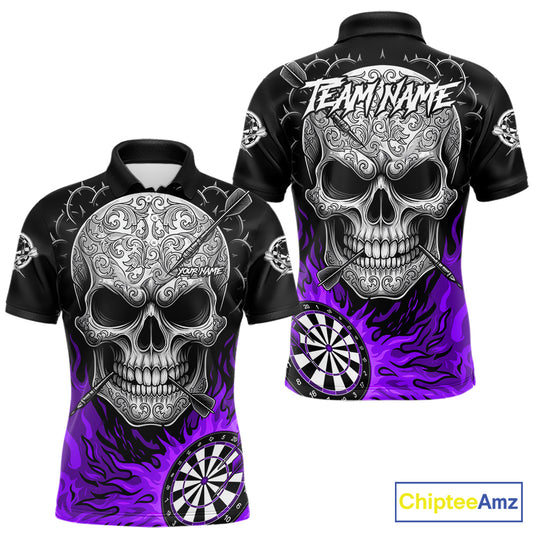 Black And Purple Flaming Skull Darts Shirt For Men Custom Darts League Jersey Team Polo & 1/4 Zip TDM5437