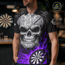 Load image into Gallery viewer, Black And Purple Flaming Skull Darts Shirt For Men Custom Darts League Jersey Team Polo &amp; 1/4 Zip TDM5437