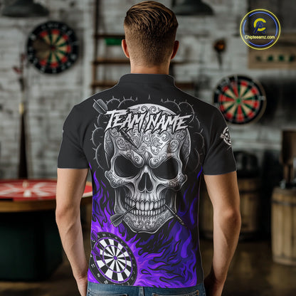 Black And Purple Flaming Skull Darts Shirt For Men Custom Darts League Jersey Team Polo & 1/4 Zip TDM5437