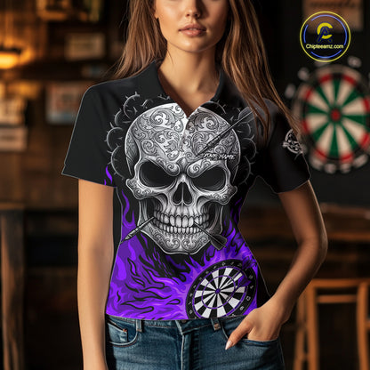 Black And Purple Flaming Skull Darts Shirt For Women Custom Darts League Jersey Team Polo & 1/4 Zip TDM5437