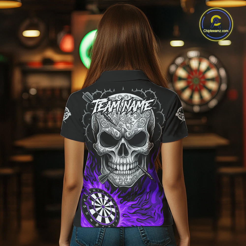 Black And Purple Flaming Skull Darts Shirt For Women Custom Darts League Jersey Team Polo & 1/4 Zip TDM5437