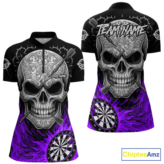 Black And Purple Flaming Skull Darts Shirt For Women Custom Darts League Jersey Team Polo & 1/4 Zip TDM5437