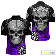 Load image into Gallery viewer, Black And Purple Flaming Skull Darts Shirt For Men Custom Darts League Jersey Team Polo &amp; 1/4 Zip TDM5437