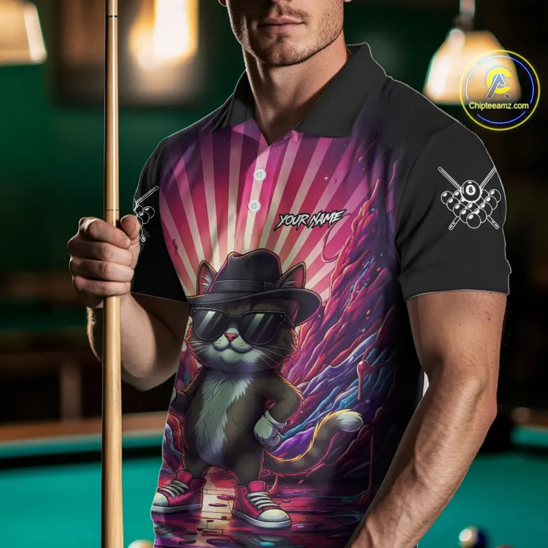 Funny Cat 8 Ball Billiard Shirt For Men Custom Neon Graffiti Billiard Jersey Team Polo & 1/4 Zip TDM5444