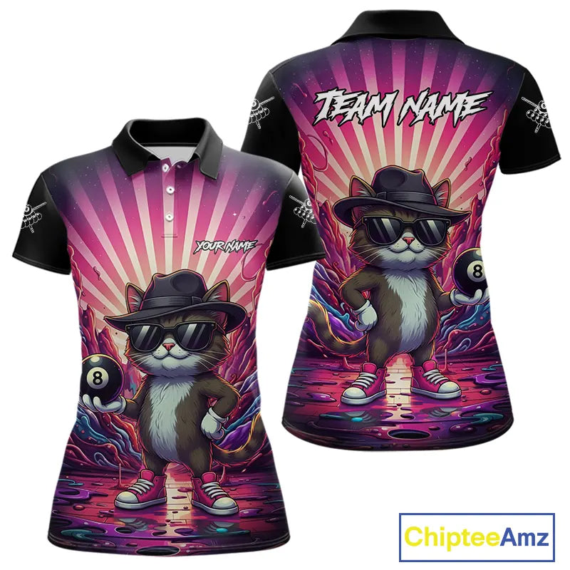 Funny Cat 8 Ball Billiard Shirt For Women Custom Neon Graffiti Billiard Jersey Team Polo & 1/4 Zip TDM5444